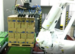 ABB Roboter zur automatisierten Depalettierung von Kartonagen mit Sauggreifern in der Lebensmittelindustrie
