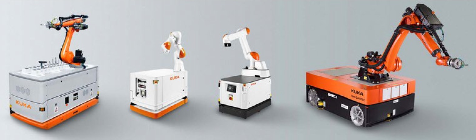 Uebersicht-KUKA-KMR-FTS-Fahrerlose-Transportsysteme-mit-Roboterarm-Integrator KUKA KMR: Fahrerlose Transportsysteme mit Roboterarm für flexible Materialtransporte und automatisierte Maschinenverkettung – integriert von momac Robotics.